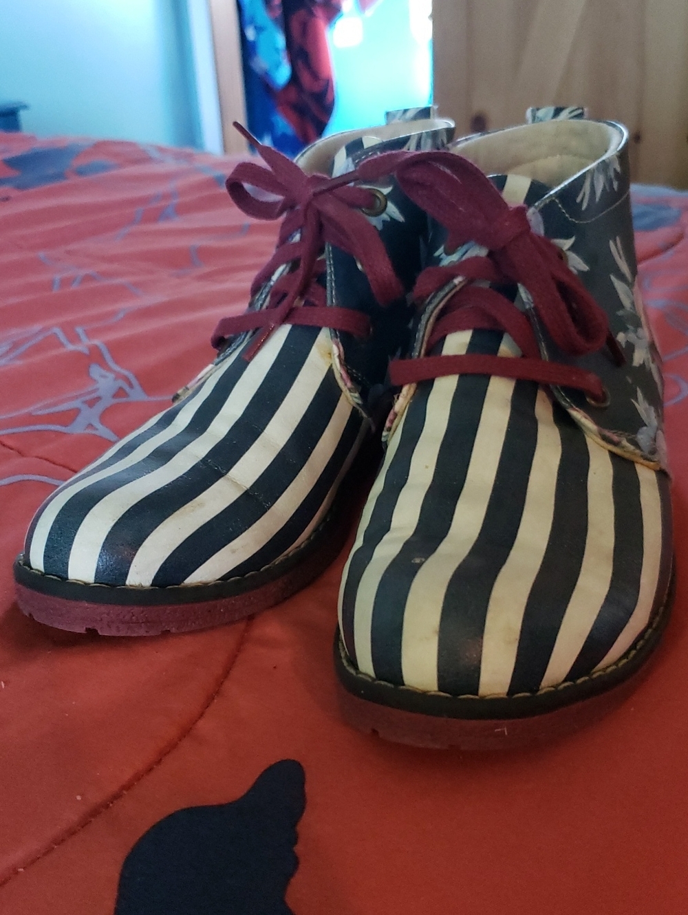 Striped Black & White Ankle Booties with Burgundy Laces